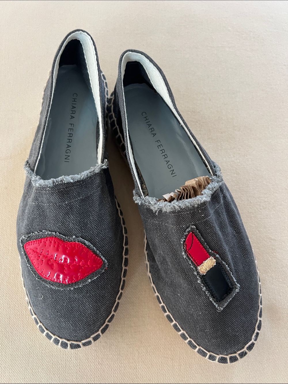 Chiara Ferragni Canvas Slip-On Espadrilles with Red Lip & Lipstick Detail